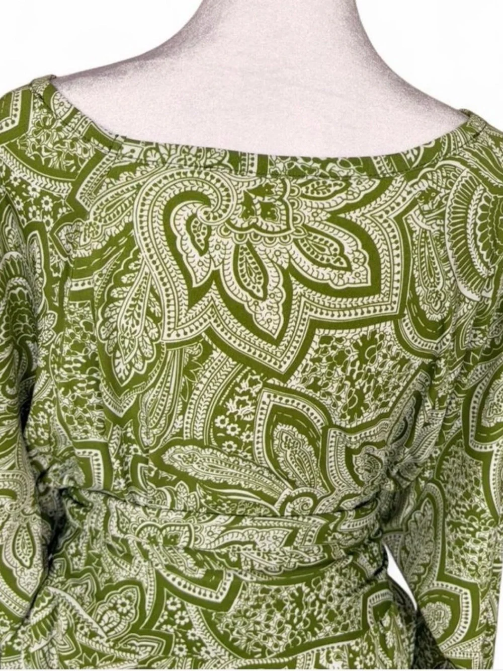 Michael Kors Green Paisley Boatneck Long Sleeve Dress